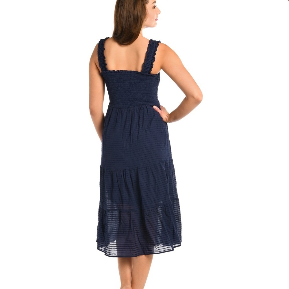 La Blanca Shadow Stripe Tiered Midi Dress - Indigo Size Medium - Picture 2 of 7